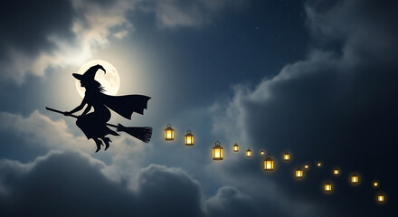 Silhouette of a witch flying on a broomstick with lanterns in a cloudy night sky