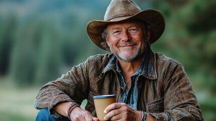 Smiling Man in Cowboy Hat Holding Coffee Cup in Nature Setting