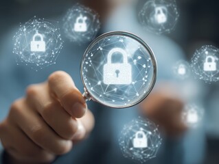 Security engineer identifying information security vulnerability in internet network system. Unlocked padlock icon and many other locked padlock icons. Hand holding magnifying glass.