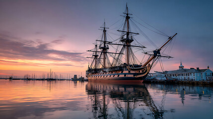 hms victory historic naval ship at portsmouth harbor during sunset sailing maritime vessel fleet ocean adventure history scenic nautical beauty