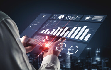 A person interacts with a futuristic data visualization interface on a smartphone, set against a vibrant urban nightscape, illustrating modern technology. Impute