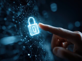 Security of network and internet server. Encryption networking and connect technology. Hand touching padlock icon on network structure.