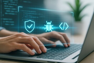 Debugging software in a modern office technology digital interaction professional workspace close-up view cybersecurity concepts