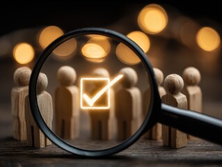 Selection and Quality Assurance in Recruitment. A magnifying glass focuses on a glowing checkmark surrounded by wooden figures, symbolizing selection, approval and business decision-making