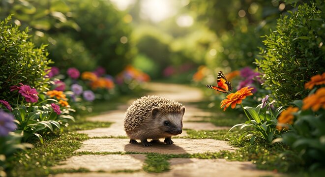 Hedgehog on a stone path with a butterfly near orange flowers in a lush green garden setting outdoors - Powered by Adobe