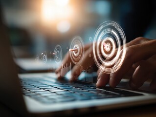 Setting and achieving performance goals. Performance graphs and targets. Businessman using laptop computer to track performance.