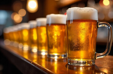 Row of beer glasses with foam. Pub drinks close-up.