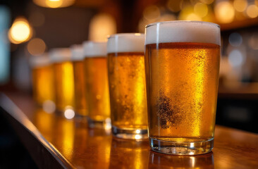 Row of beer glasses with foam. Pub drinks close-up.