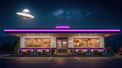 Retro diner exterior shot at night featuring neon roof trim, illuminated under starry sky with UFO hovering above. scene evokes sense of nostalgia and wonder