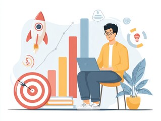 Setting performance goals and planning strategies to achieve targets. Performance graphs and business icons. Businessman using laptop computer to track performance.