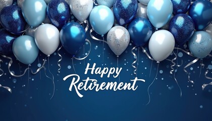 Festive illustration celebrating retirement with blue, white balloons, sparkling confetti, deep blue backdrop. Features Happy Retirement message, perfect for cards, banners, social media posts