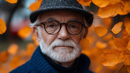 Senior Male Portrait Surrounded by Autumn Leaves in Nature Scene