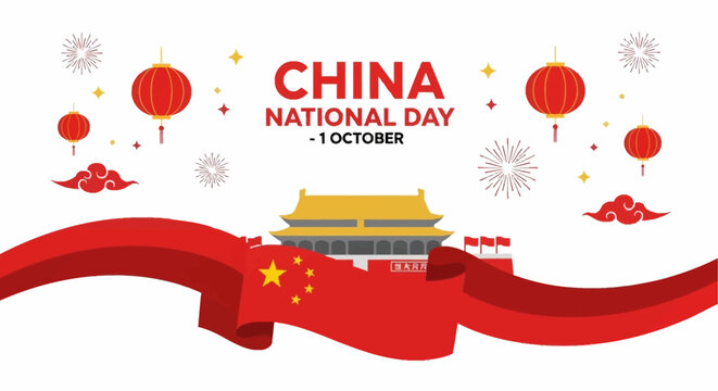 A celebratory graphic design for China National Day, featuring a red ribbon, lanterns, fireworks, and a Chinese temple.