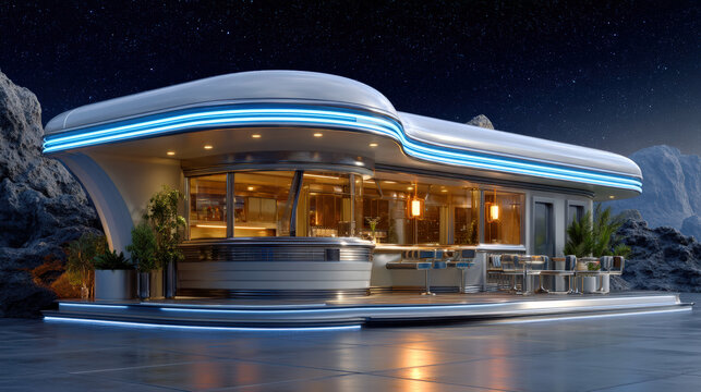 Retro futuristic diner on Mars features sleek lines and vibrant neon lights, creating unique blend of Americana and sci fi aesthetics. setting evokes sense of wonder and nostalgia - Powered by Adobe
