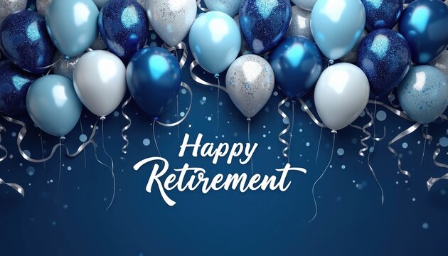 Festive illustration celebrating retirement with blue, white balloons, sparkling confetti, deep blue backdrop. Features Happy Retirement message, perfect for cards, banners, social media posts