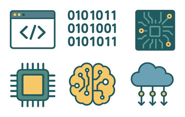 Obraz premium Abstract technology icons featuring code, binary, circuit, ai brain, chip, and cloud