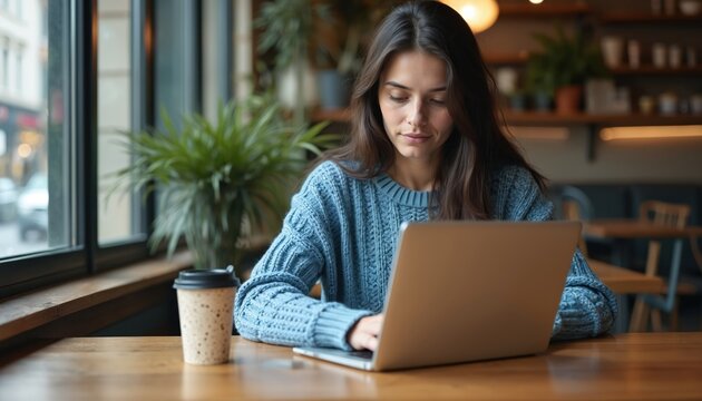 Young woman works on laptop computer in cozy coffee shop environment. Focused entrepreneur creating digital content, writing, studying, managing tasks. Casual attire, modern tech lifestyle,