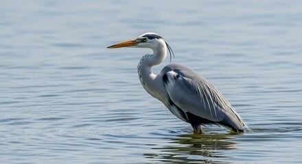 Grey Heron wading with lake, and wildlife.