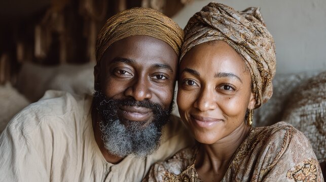 portrait of mid adult happy african american couple hugging at home while sitting on couch portrait of mature man with his woman wearing traditional turban looking at camera black mid adult couple  n