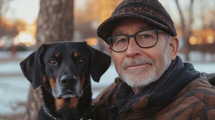 Senior Man with Dog in Park during Winter Time with Soft Lighting