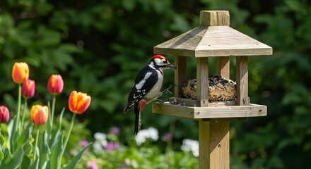 Woodpecker feeding at bird feeder