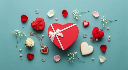 Valentines Day gifts with hearts, and flowers.