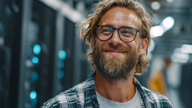 professional IT specialist joyful wearing glasses in modern data center managing computer network servers digital technology workplace career development engineer