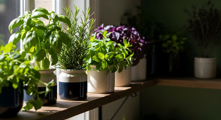 Close-up of various potted herbs on a windowsill bathed in natural sunlight