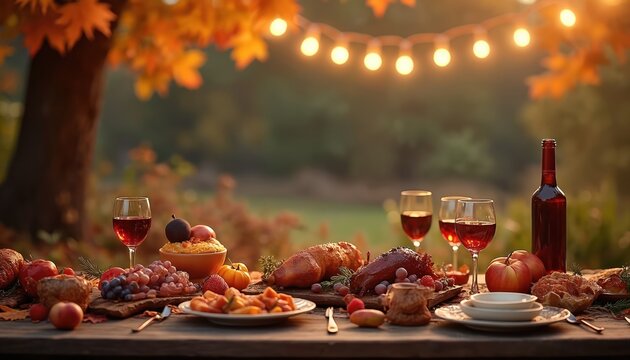 Autumnal feast set on rustic wooden table. Warm string lights illuminate delicious meal, fine wine, fruits, and vegetables. Scene evokes relaxed elegance and joyful togetherness during harvest season.