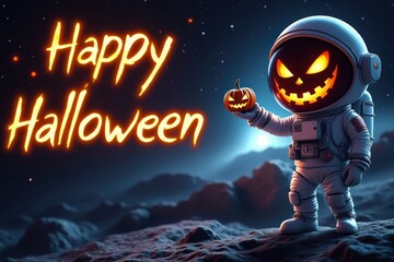 Astronaut with jack o lantern helmet and happy halloween message