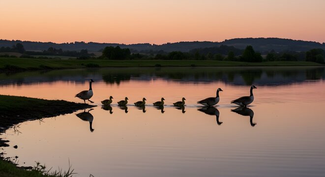 Geese family swimming in a lake during sunset with reflections on the water surface and landscape view