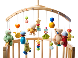 Wooden crib mobile with plush toys and colorful beads isolated on a transparent background bear