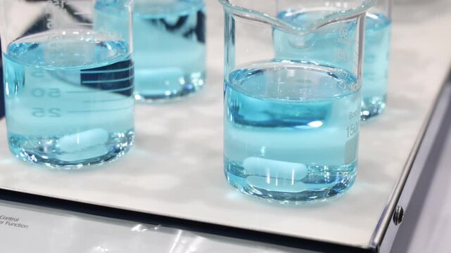 Chemical liquids. Laboratory glassware with colorful chemical liquids test tubes or beakers and mixing and reaction processes. Chemistry science experiment biotechnology research and innovation tech.