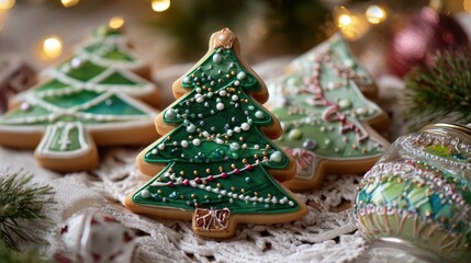 detailed green christmas tree cookie with festive decor