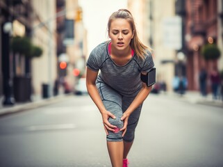 Injured female athlete clutching her knee after painful fall during intense city workout run along urban sidewalk during outdoor morning cardio fitness session