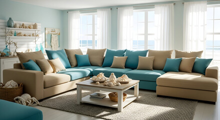 Coastal Interior Decor with a Sectional Sofa and Beach-Themed Accents In A Bright Room