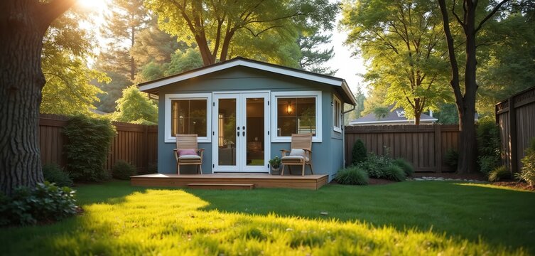 Accessory dwelling unit in backyard. Small modern tiny home offers compact housing solution. Detached studio residence provides affordable rental property investment space. Sustainable eco-friendly