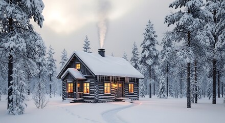Cozy Cabin with Snowy Forest, and Winter.