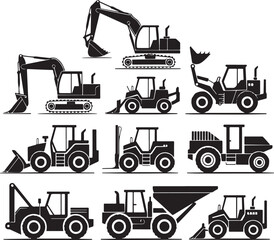 Set of 9 black construction excavation and bulldozer silhouettes with detailed machinery icons in vector format.