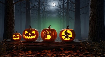 Halloween pumpkins with spooky forest.