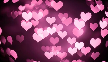 A bokeh effect image with a cluster of blurred pink heart shapes against a dark purple gradient background. Some hearts are brighter, others more transparent, giving a sense of depth and romance