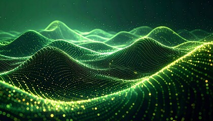 Abstract digital landscape of glowing green and gold particles