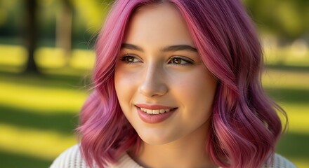 Pink Hair Woman Smiling Outdoors.
