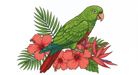 Green parrot perched amidst tropical flowers and foliage in a decorative illustration