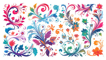 Set of colorful decorative floral scroll elements on white background