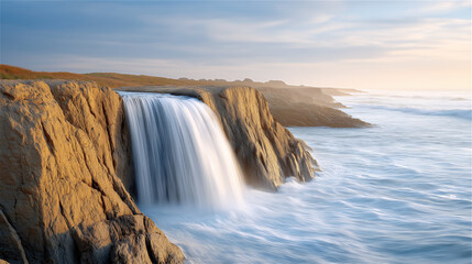 Dramatic seascape with waterfall flowing into ocean from coastal cliffs, dynamic energy of waves and rocks, representing adventure, power of nature and concept of breathtaking wild beauty.
