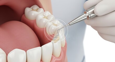Dental hygiene procedure with scaler removing plaque buildup promoting oral health and professional dental care