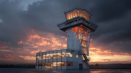air traffic control tower modern with radar visualization blended airport professional operation flight monitoring navigation system communication safety management aviation observation technology