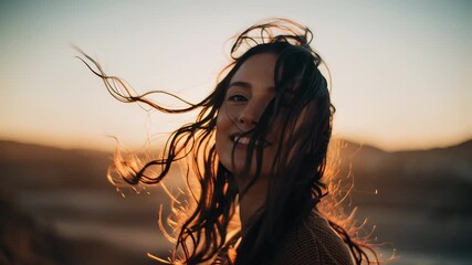 Woman with long hair flowing in the wind against a bright blue sky capturing natural beauty