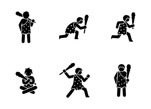 Illustrative depictions of cavemen with clubs in various poses, ready for action or rest. The stick figures are in a simple design. These figures are against a basic background.